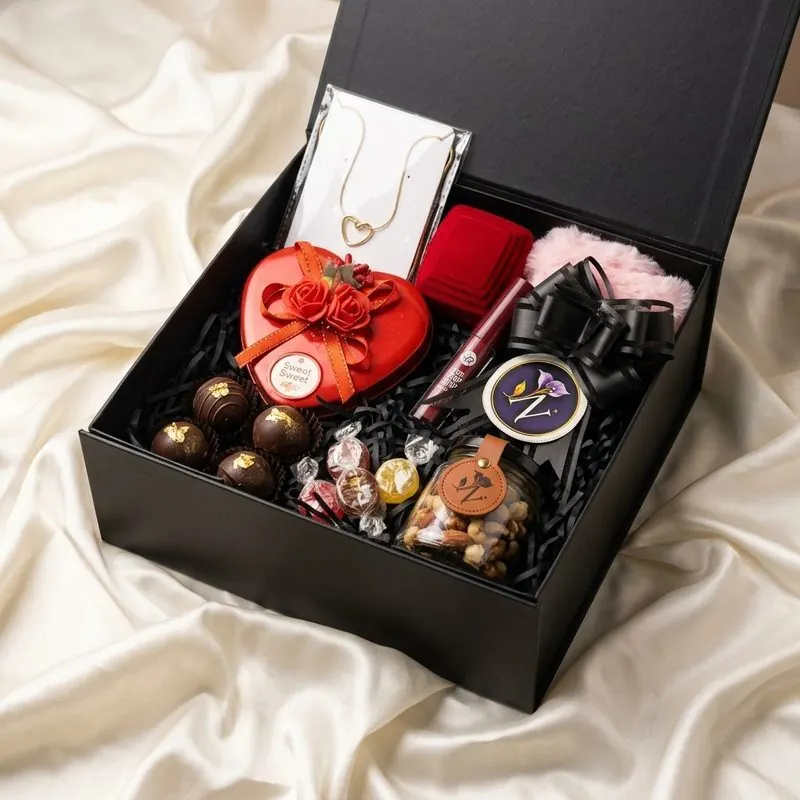 Nerose Luxury Rigid Square Matte Black Keepsake Gift Hamper Box with Gold Ribbon