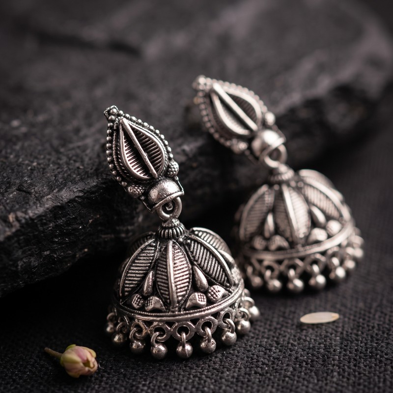 Vintage German Silver Oxidized Leaf Jhumkas