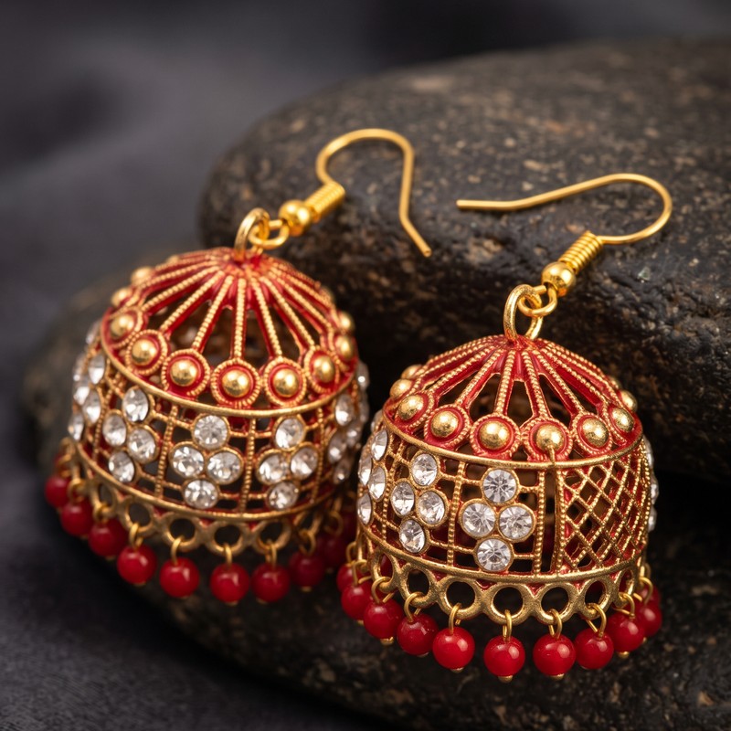 Gulzar Bridal Crimson Red Enamel & Crystal Jhumkas