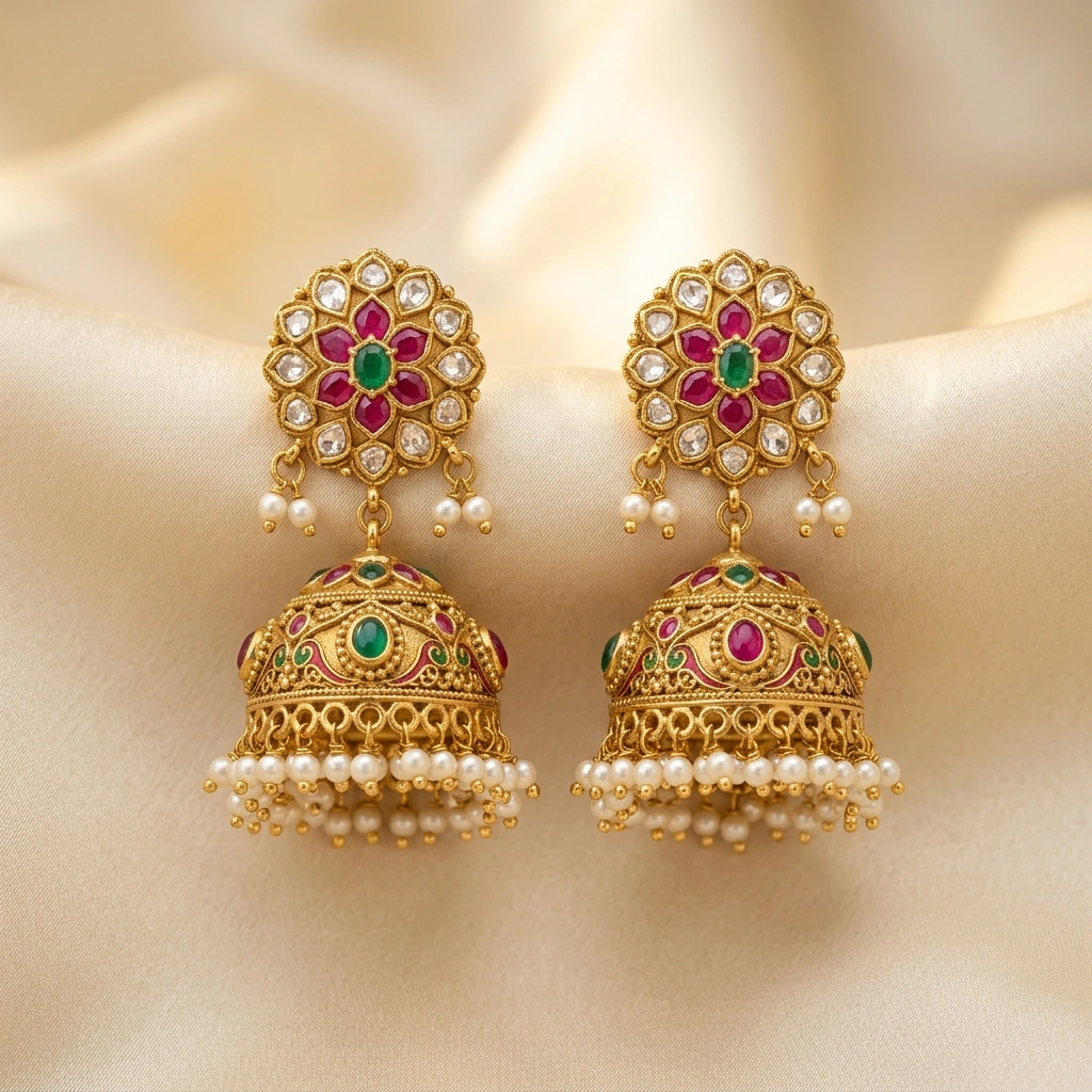 Traditional Pakistani Jhumkas Kundan Pearl Antique Earrings