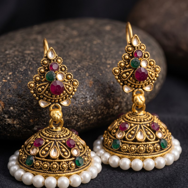 Noor-e-Kundan Ruby & Emerald Antique Gold Jhumkas