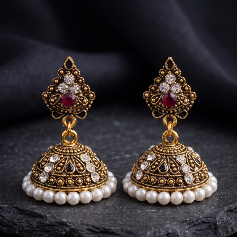 Royal Mughal Antique Gold Kundan & Ruby Jhumkas