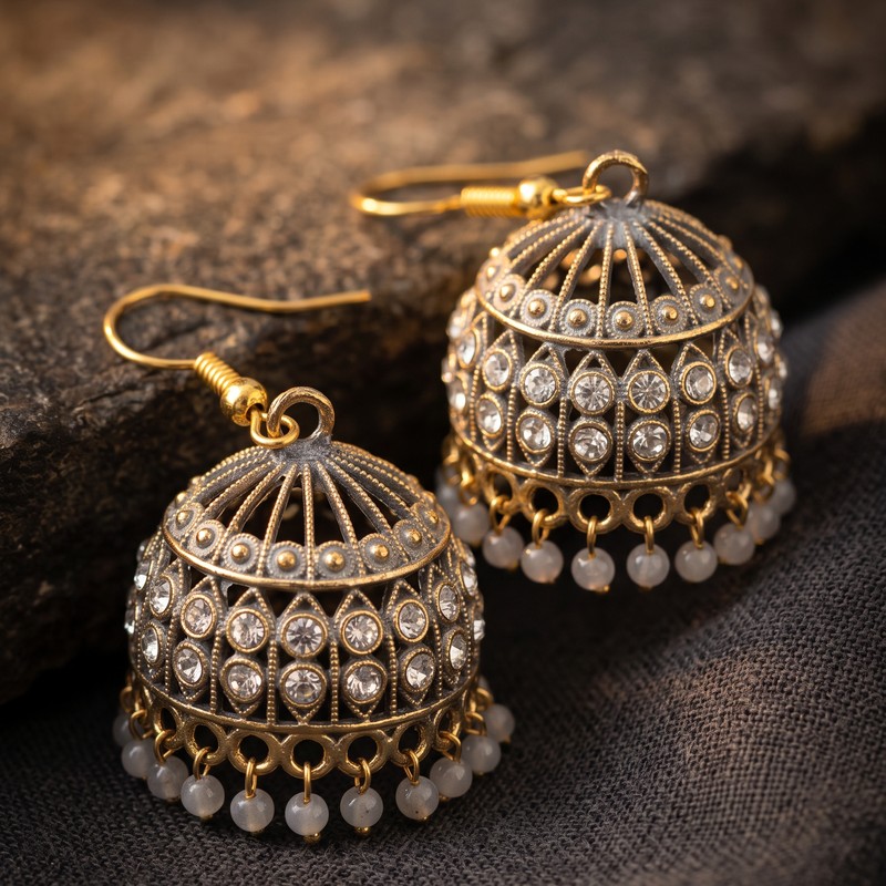 Starlight Antique Gold & Silver Crystal Dome Jhumkas