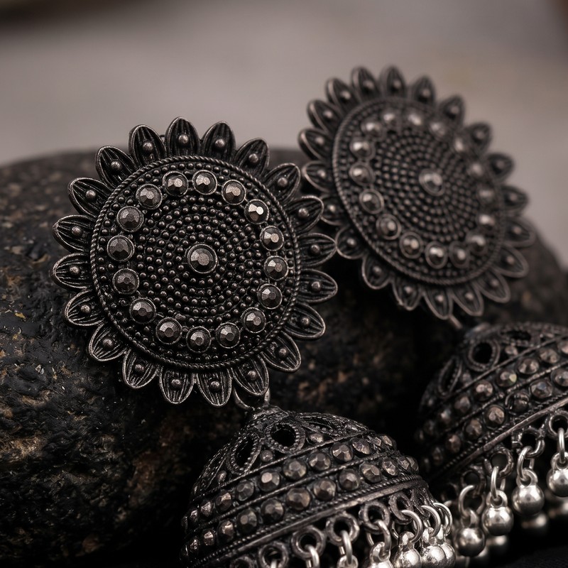 Tribal Oxidized Silver Sunflower Mandala Statement Jhumkas