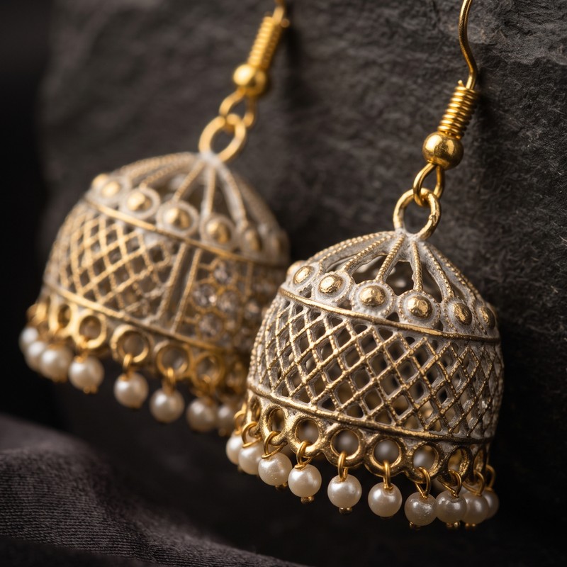 Two-Tone Antique Gold & Silver Mesh Bell Jhumkas