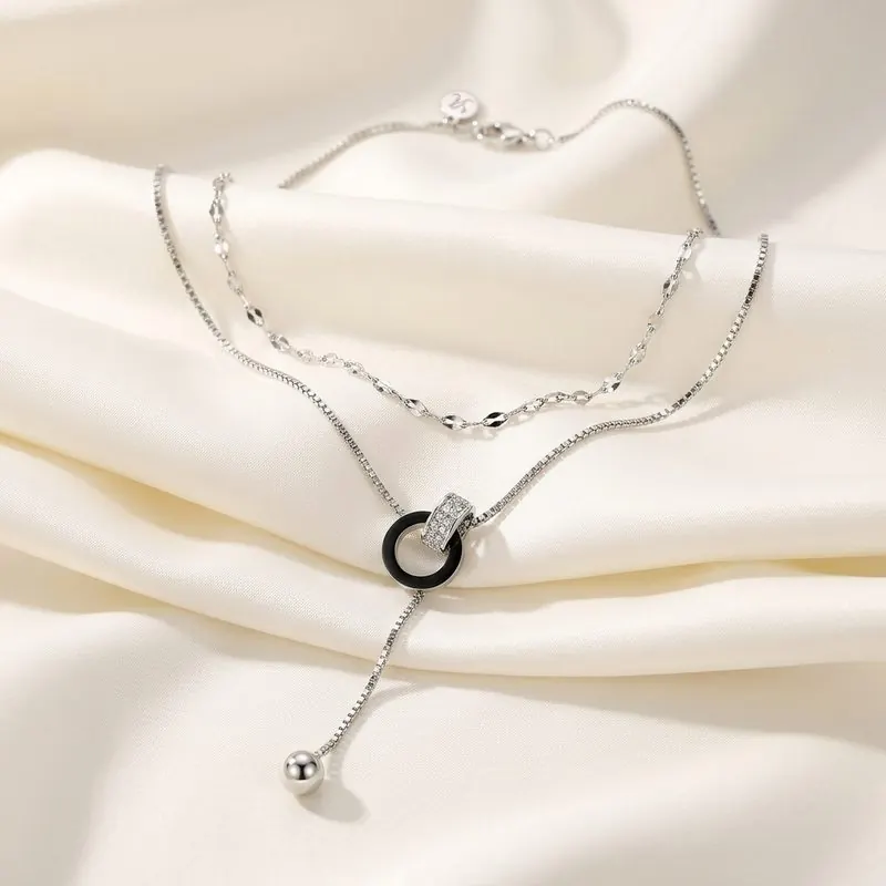 Double Layer Black Halo Ring & Y-Lariat Drop Necklace